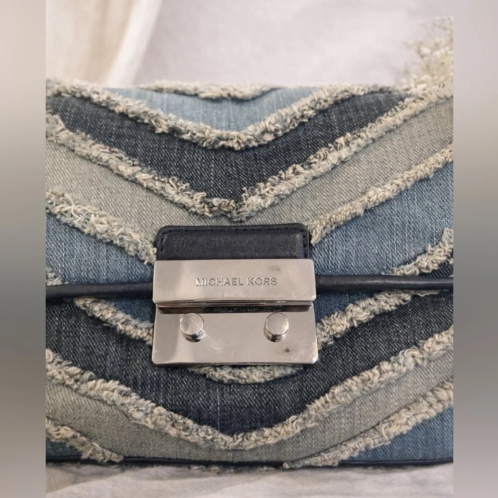 Michael Kors Sloan Small Denim Chevron Patchwork MK Silver Chain Shoulder Bag